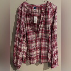 Old Navy pink plaid button up blouse- long sleeve- X small- NWT